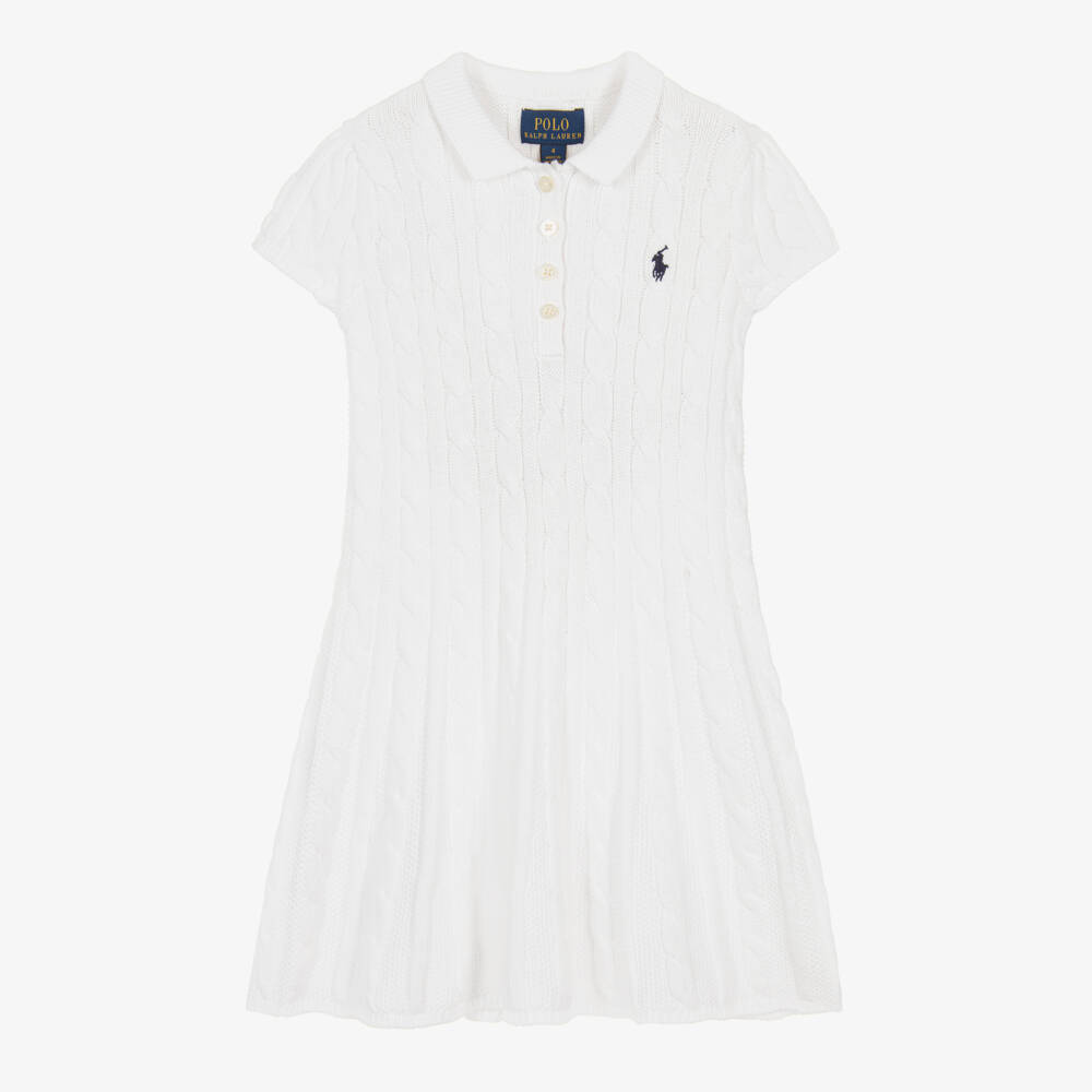 Ralph Lauren-Girls White Cotton Cable Knit Fit & Flare Dress | Childrensalon