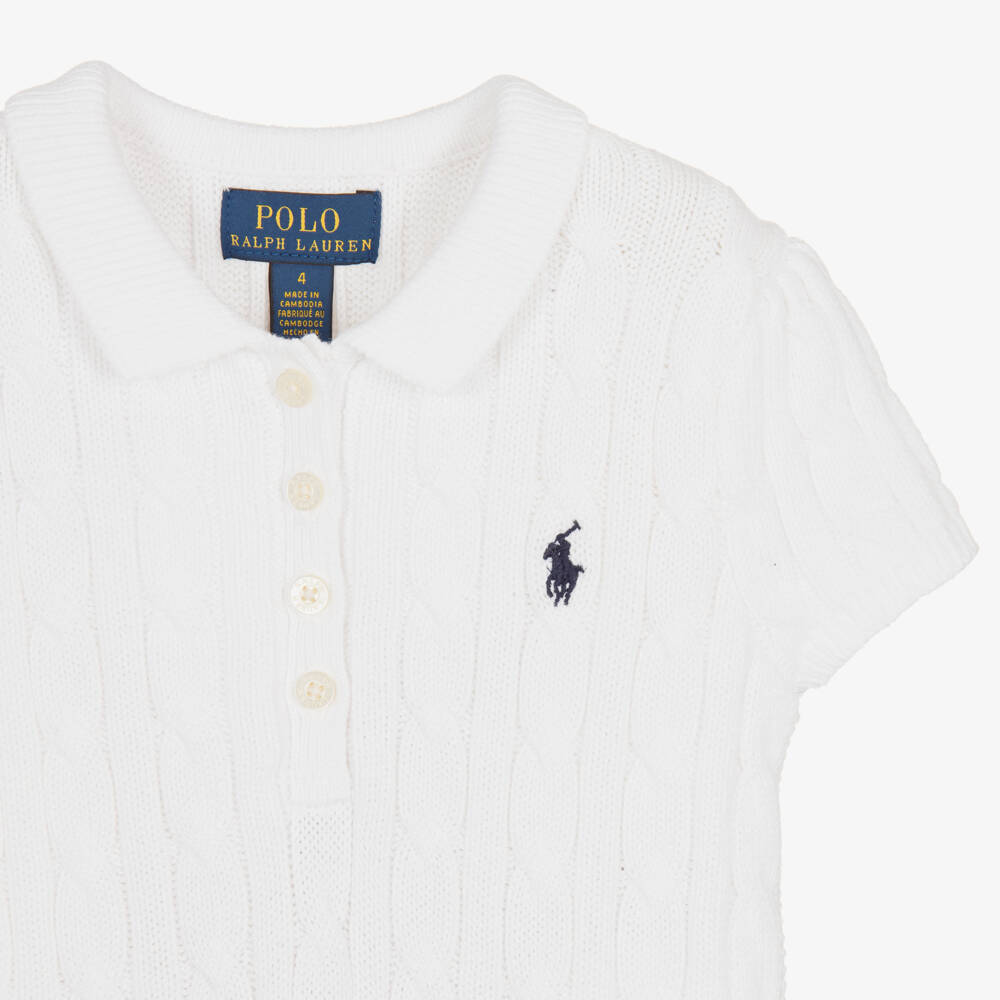 Ralph Lauren-Girls White Cotton Cable Knit Fit & Flare Dress | Childrensalon