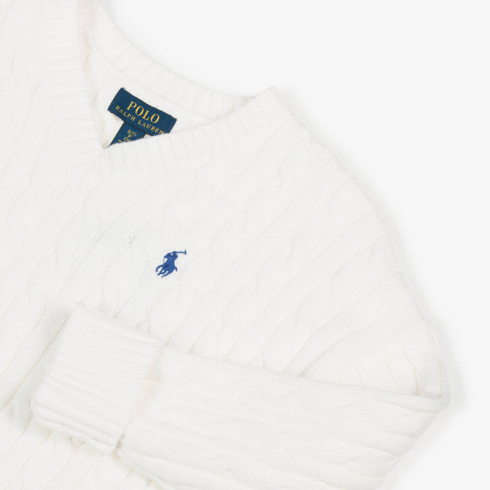 Ralph Lauren-Girls White Cotton Cable Knit Sweater | Childrensalon