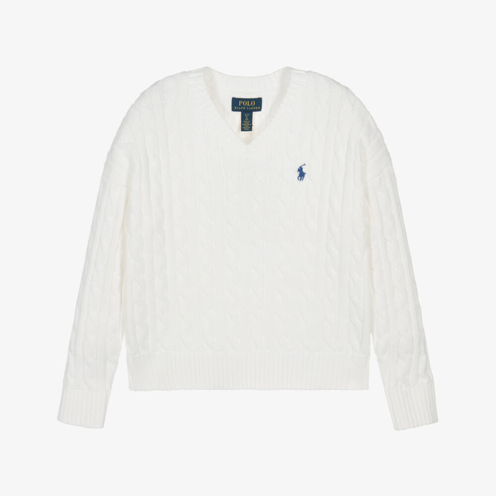 Ralph Lauren-Girls White Cotton Cable Knit Sweater | Childrensalon
