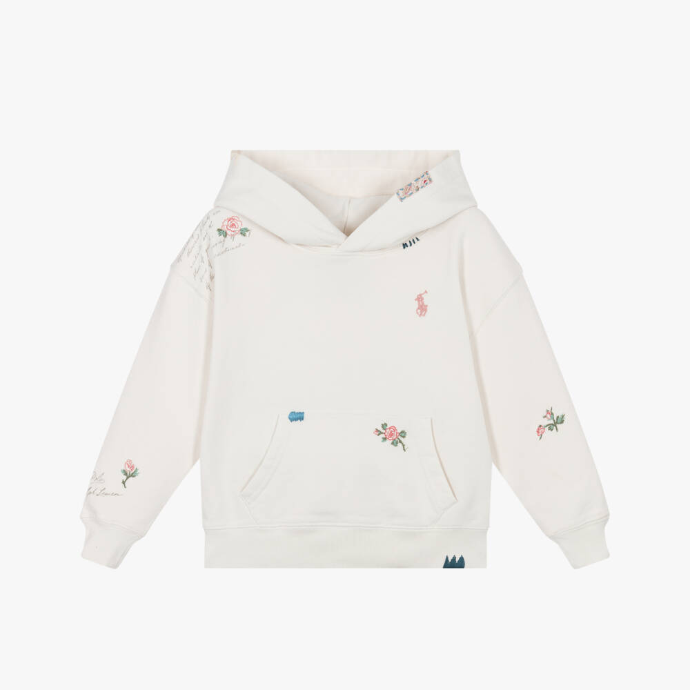 Ralph Lauren-Girls White Cotton Hoodie with Embroidered Flowers | Childrensalon