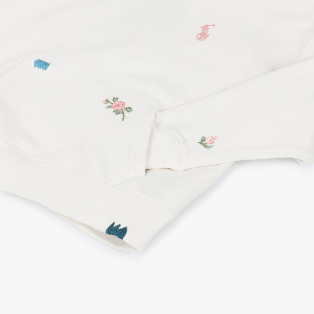 Ralph Lauren-Girls White Cotton Hoodie with Embroidered Flowers | Childrensalon