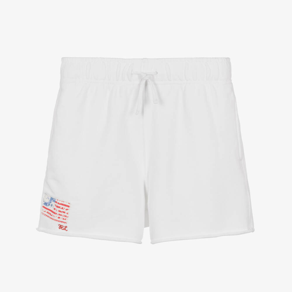 Ralph Lauren-Girls White Cotton Jersey Shorts with Flag Detail | Childrensalon