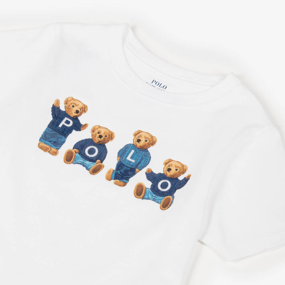 Ralph Lauren-Girls White Cotton Jersey T-Shirt with Polo Bears Print | Childrensalon