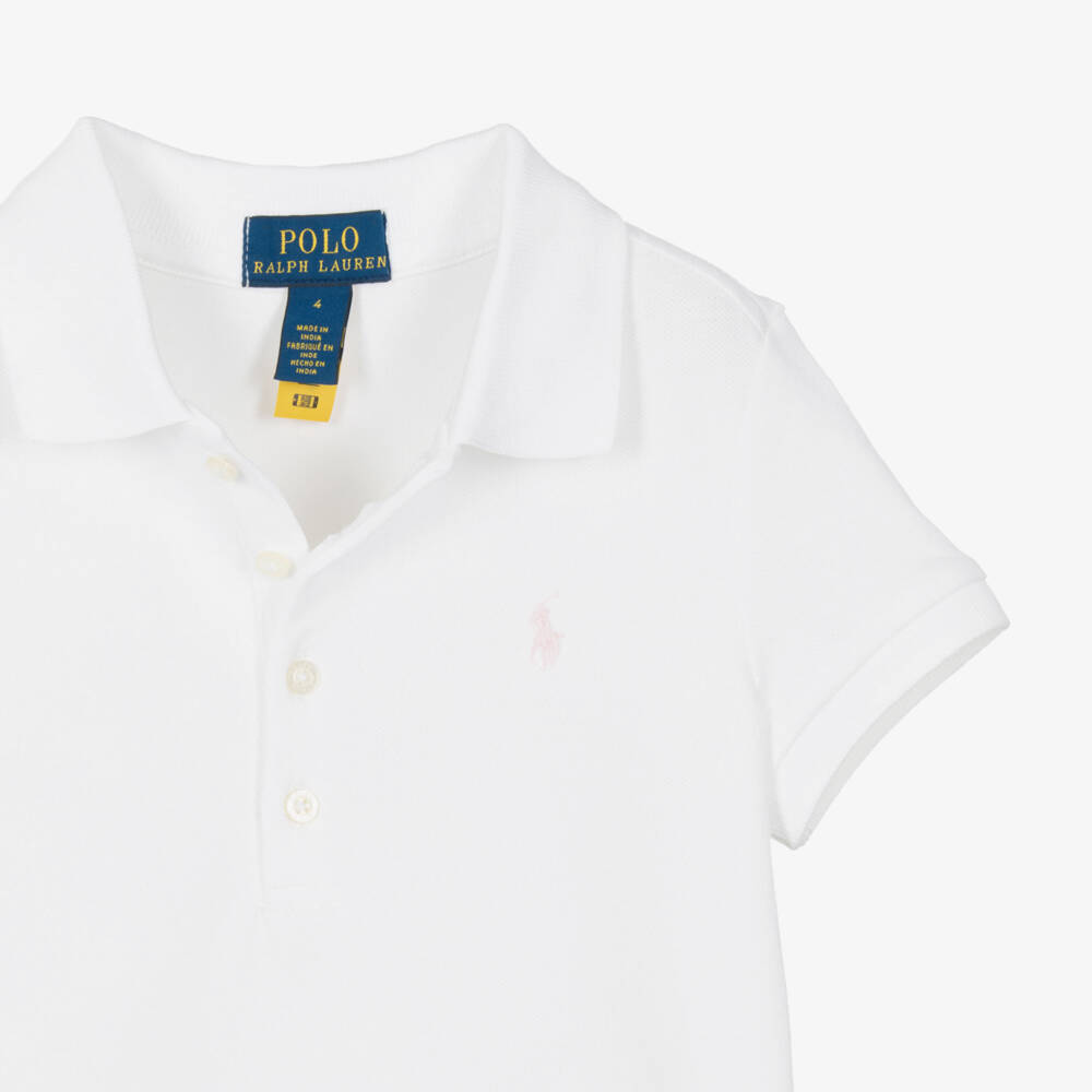 Ralph Lauren-Girls White Cotton Piqué Short Sleeve Polo Shirt | Childrensalon