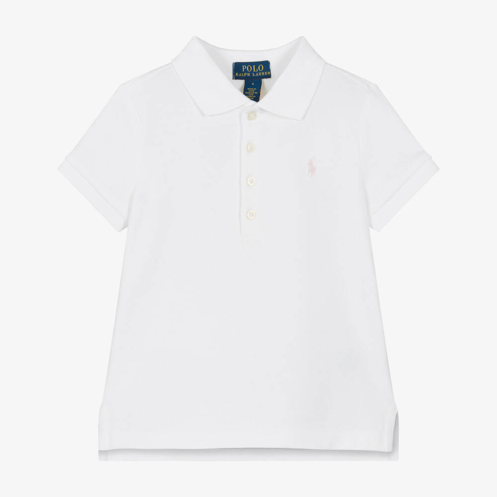 Ralph Lauren-Girls White Cotton Piqué Short Sleeve Polo Shirt | Childrensalon