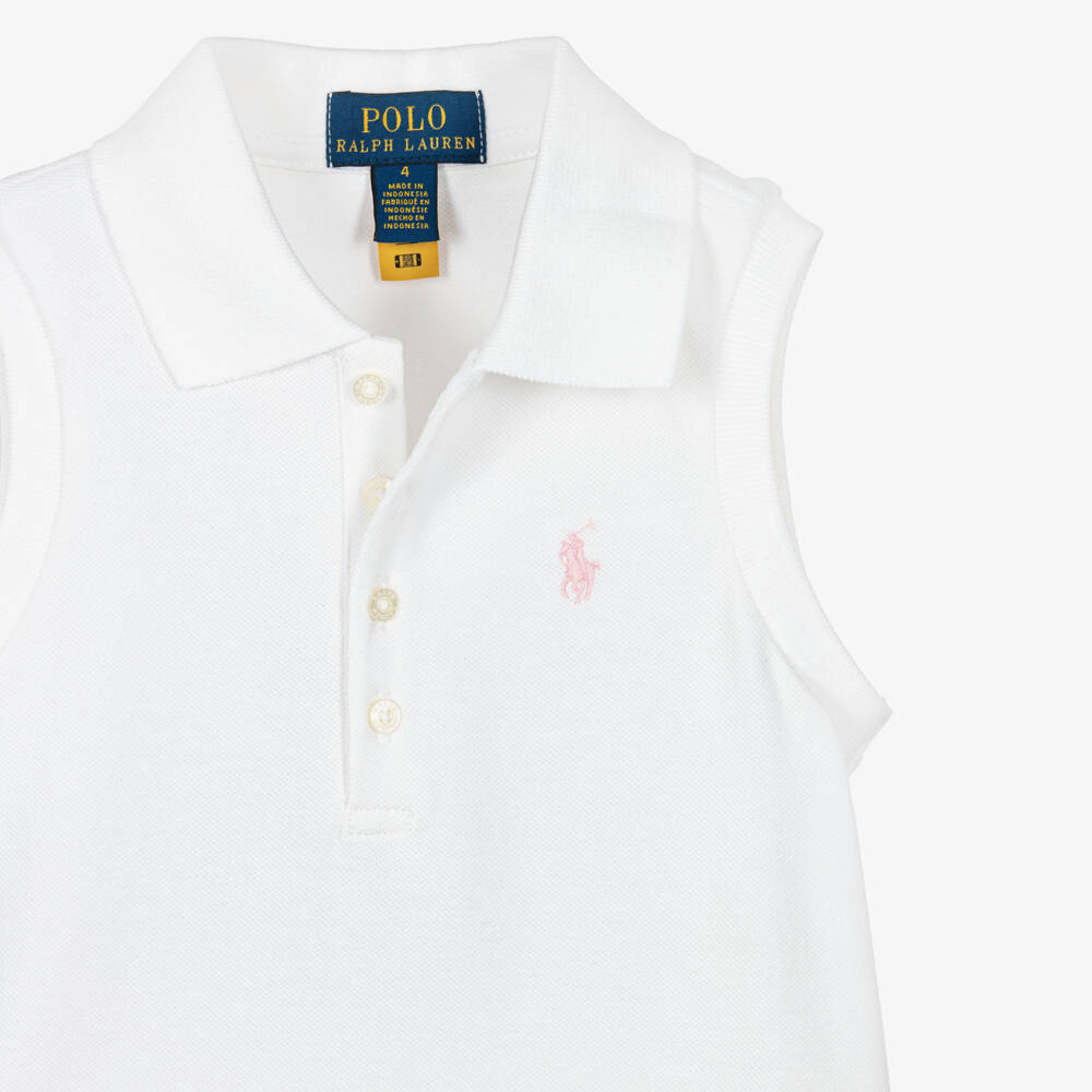 Ralph Lauren-Girls White Cotton Piqué Sleeveless Polo Shirt | Childrensalon