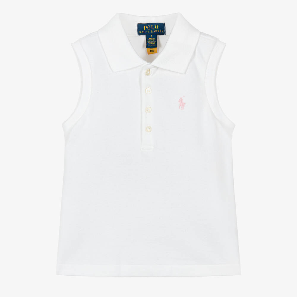 Ralph Lauren-Girls White Cotton Piqué Sleeveless Polo Shirt | Childrensalon
