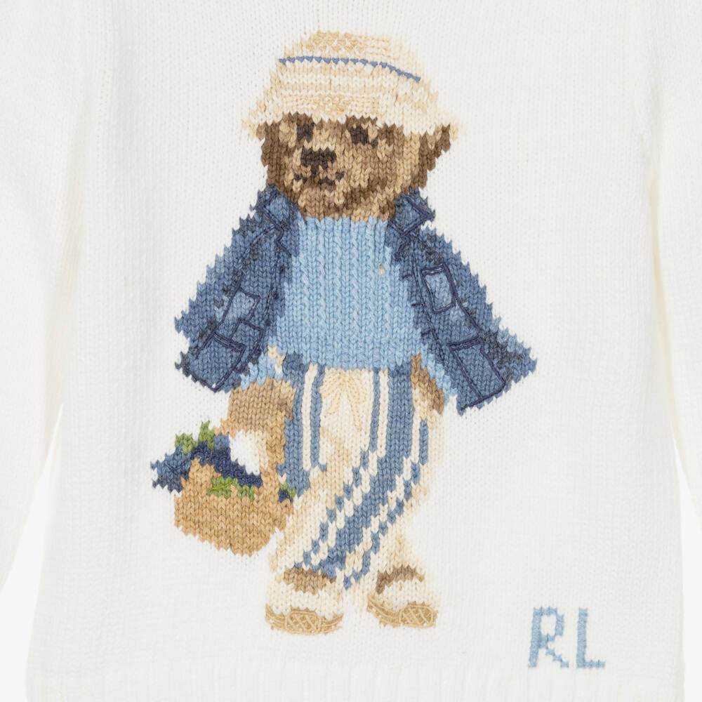 Ralph Lauren-Girls White Cotton Polo Bear Motif Jumper | Childrensalon