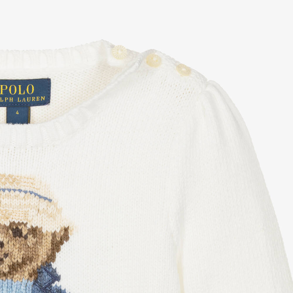 Ralph Lauren-Girls White Cotton Polo Bear Motif Jumper | Childrensalon
