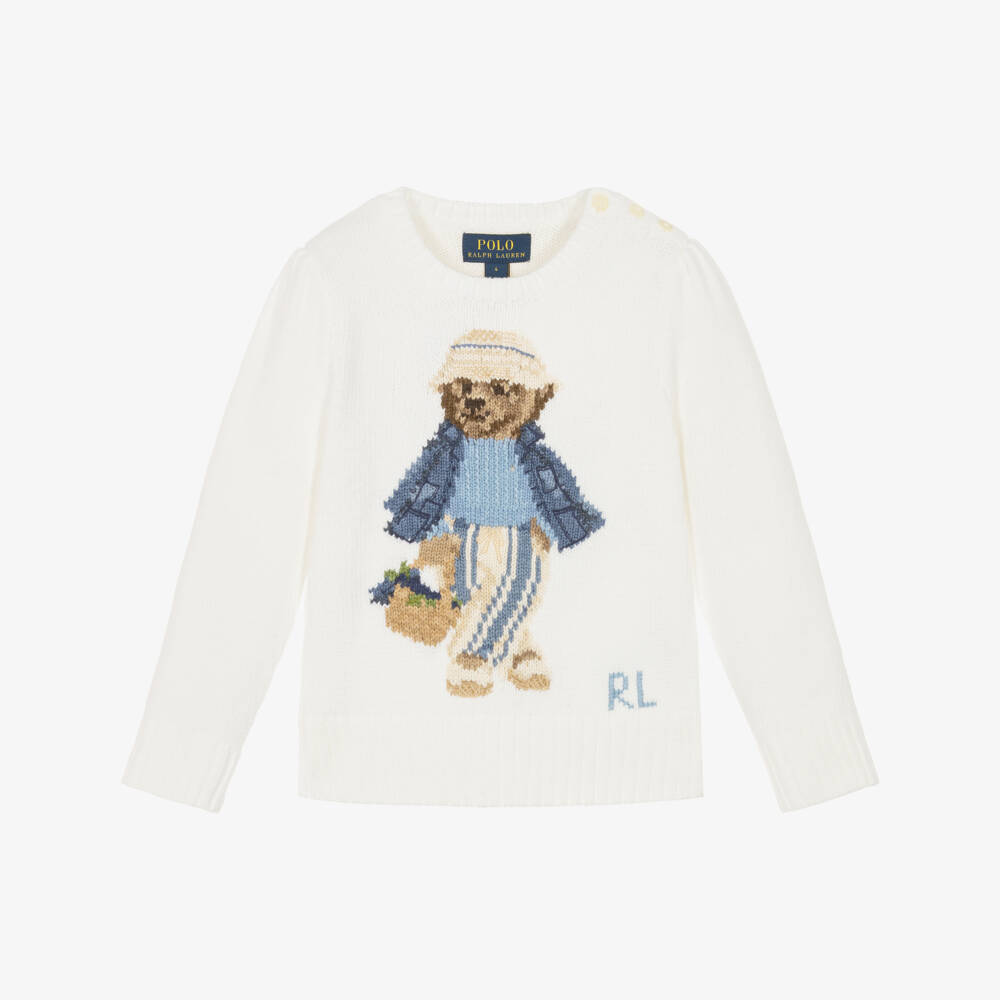 Ralph Lauren-Girls White Cotton Polo Bear Motif Jumper | Childrensalon