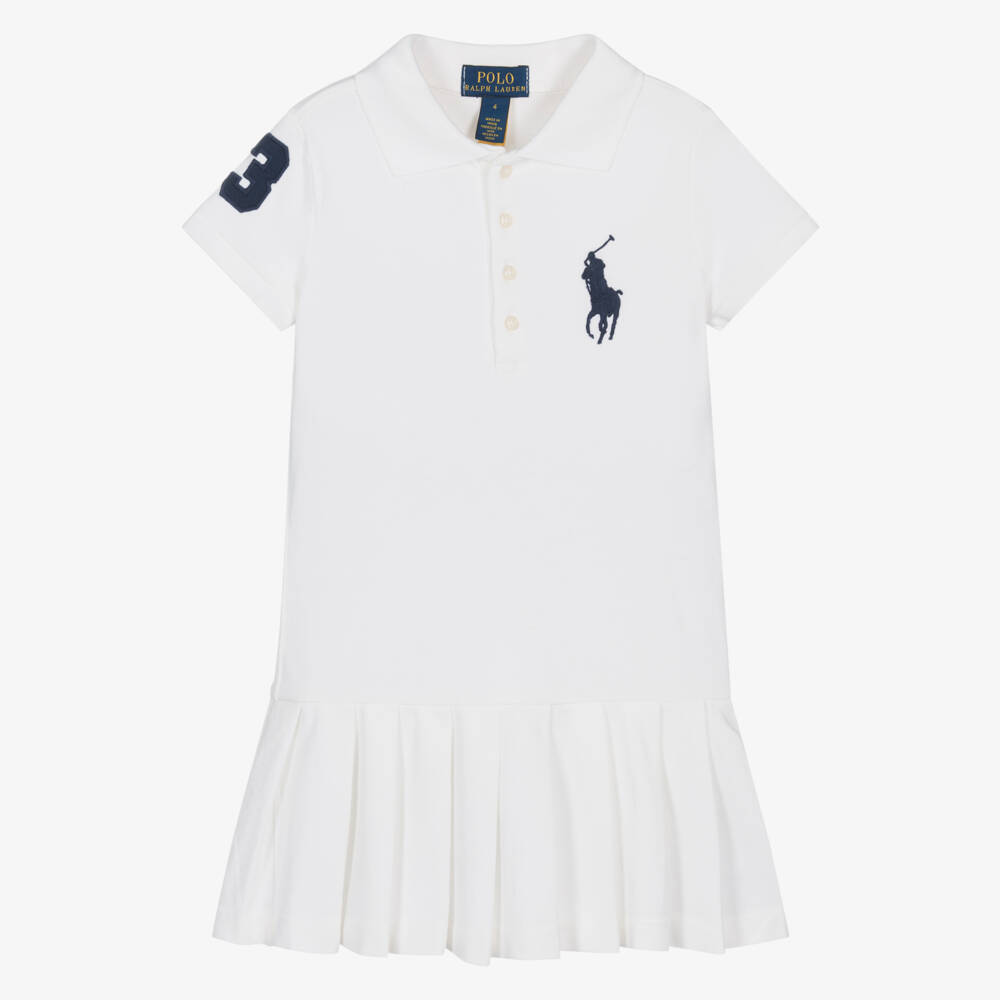 Ralph Lauren-Girls White Cotton Polo Dress with Big Pony Logo | Childrensalon