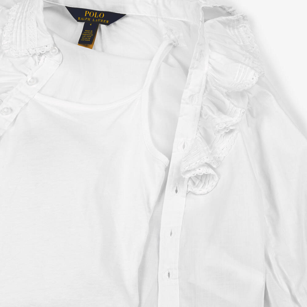 white blouse with ruffles in front