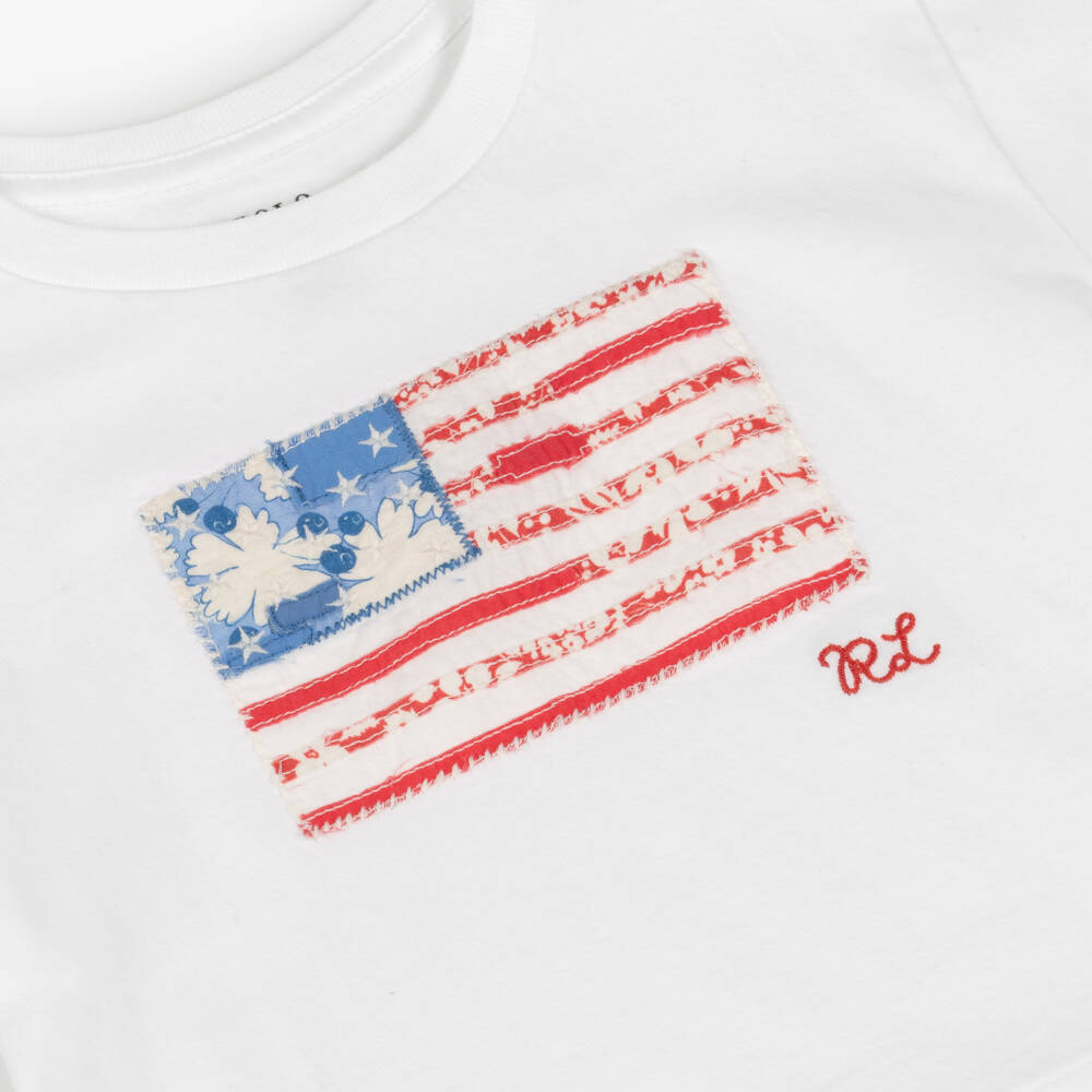 Ralph Lauren-Футболка из белого хлопка с аппликацией флага для девочек | Childrensalon