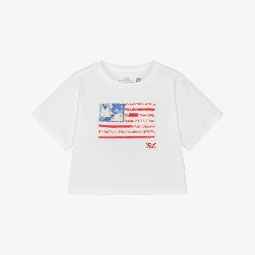 Ralph Lauren-Girls White Cotton T-Shirt with Appliqué Flag Logo | Childrensalon