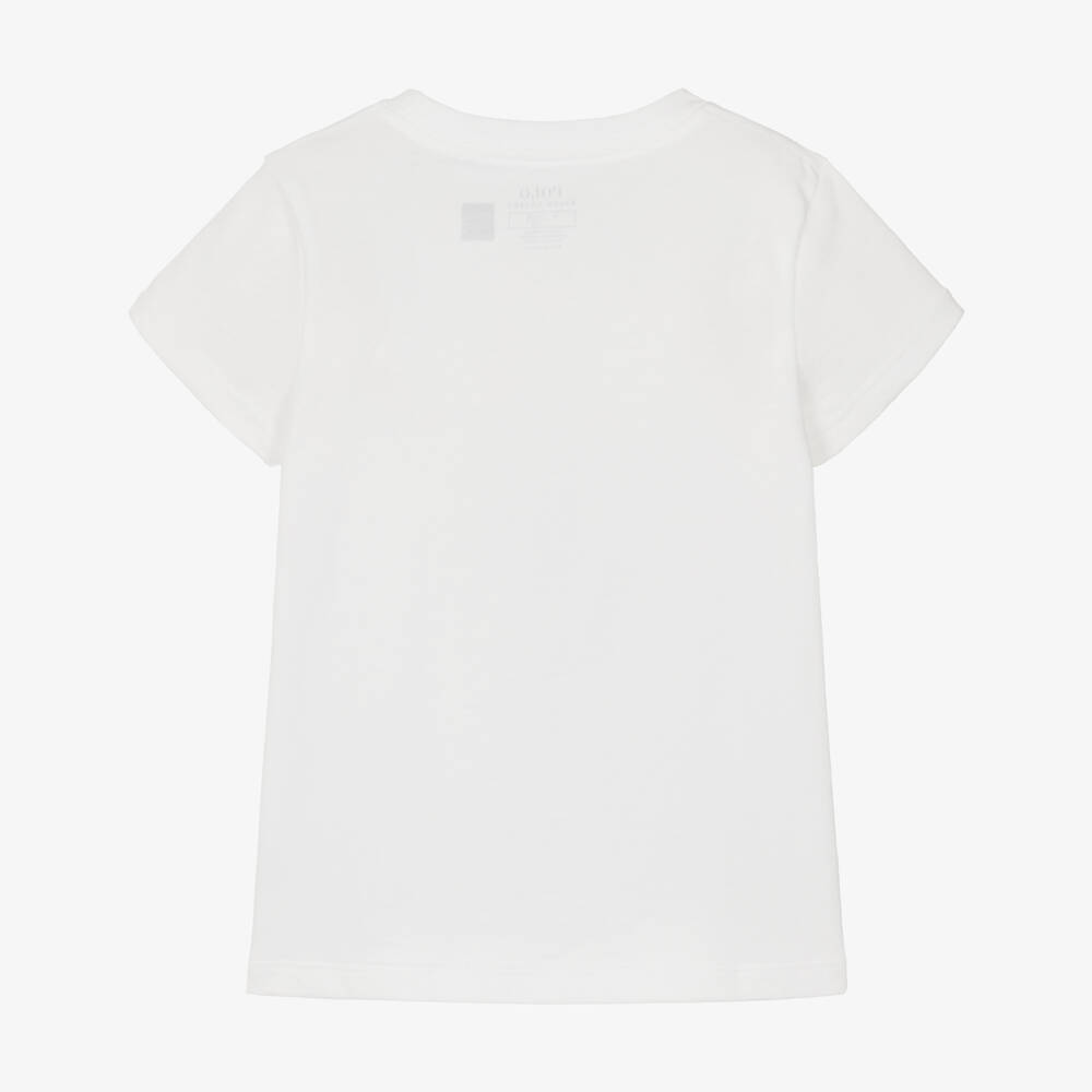 Ralph Lauren-Girls White Cotton T-Shirt with Polo Bear Print | Childrensalon