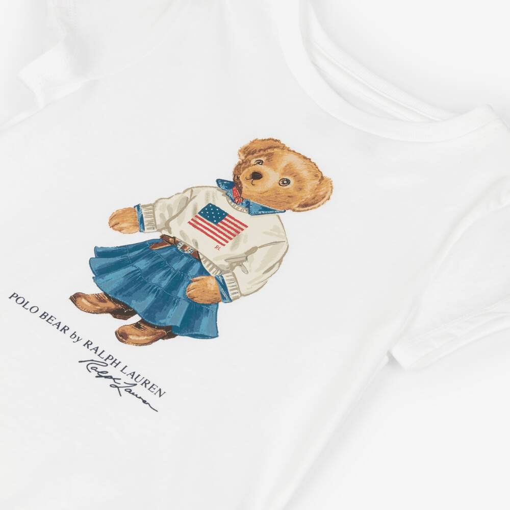 Ralph Lauren-Girls White Cotton T-Shirt with Polo Bear Print | Childrensalon