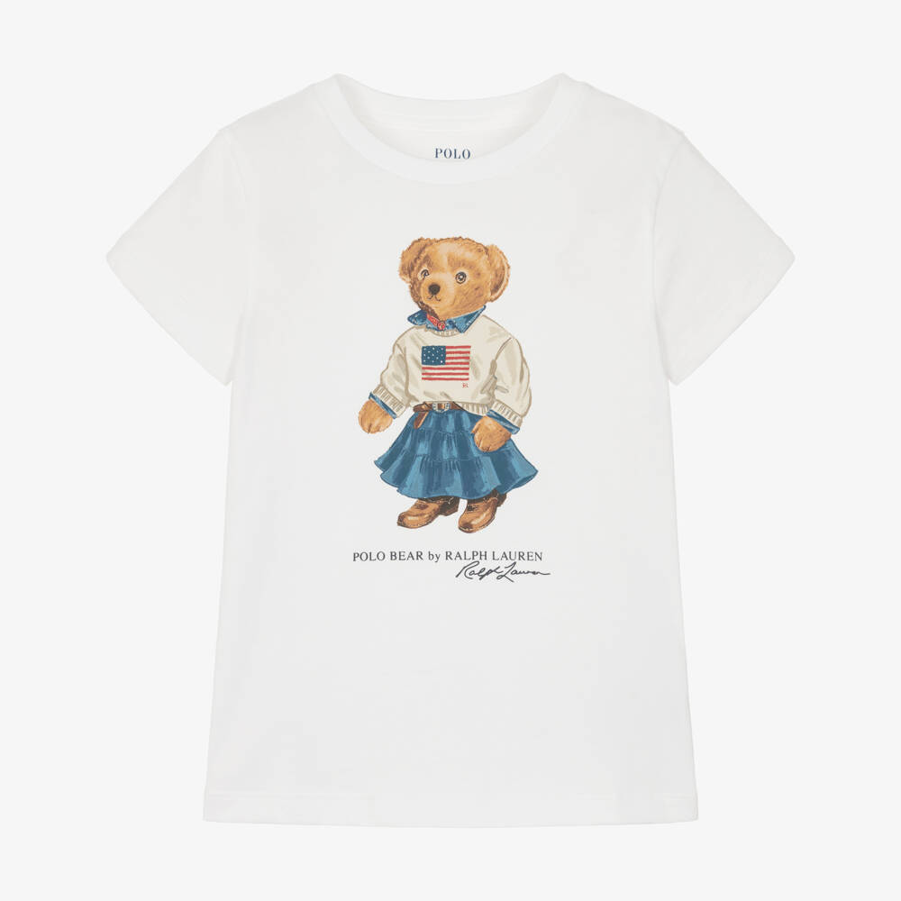 Ralph Lauren-Girls White Cotton T-Shirt with Polo Bear Print | Childrensalon