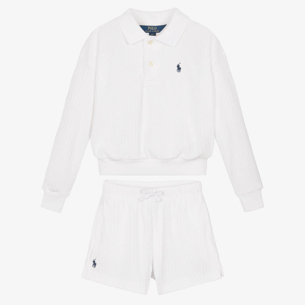 Ralph Lauren-Girls White Cotton Towelling Pony Logo Shorts Set | Childrensalon