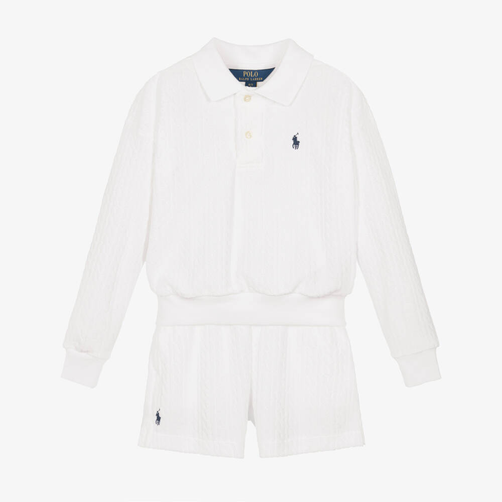Ralph Lauren-Girls White Cotton Towelling Pony Logo Shorts Set | Childrensalon