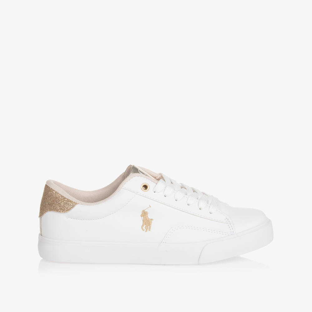 Ralph Lauren-Girls White & Gold Faux Leather Lace-Up Trainers | Childrensalon