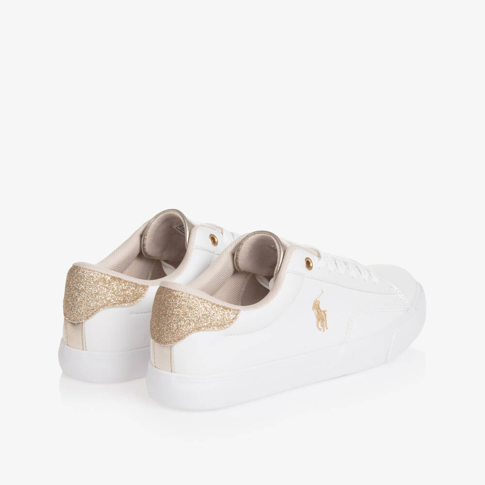 Ralph Lauren-Girls White & Gold Faux Leather Lace-Up Trainers | Childrensalon