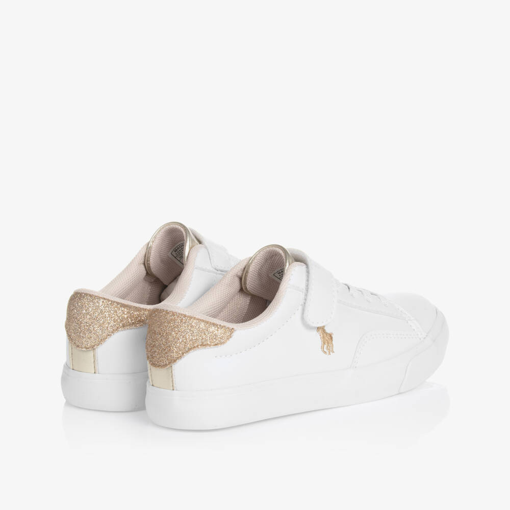 Ralph Lauren-Girls White & Gold Faux Leather Velcro Trainers | Childrensalon