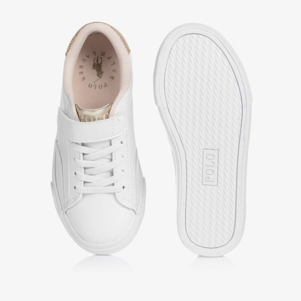 Ralph Lauren-Girls White & Gold Faux Leather Velcro Trainers | Childrensalon