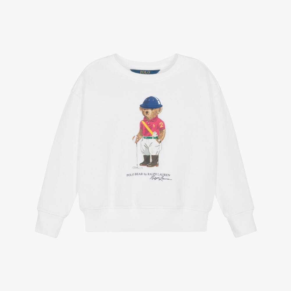 Ralph Lauren-سويتشيرت بشعار الدب بولو لون أبيض للبنات  | Childrensalon