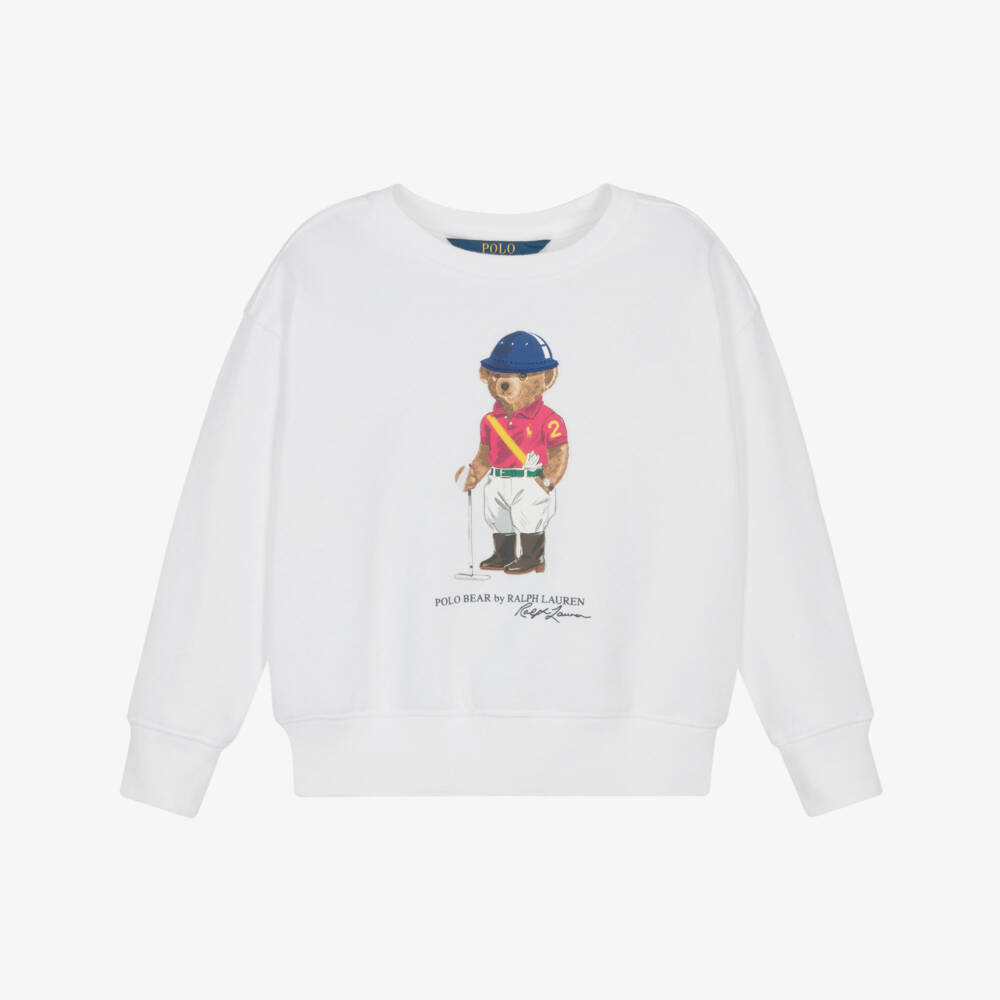 Ralph Lauren-Girls White Jersey Sweatshirt with Polo Bear Motif | Childrensalon