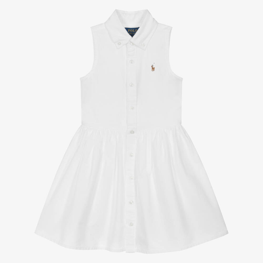 Ralph Lauren-Girls White Oxford Cotton Shirt Dress | Childrensalon