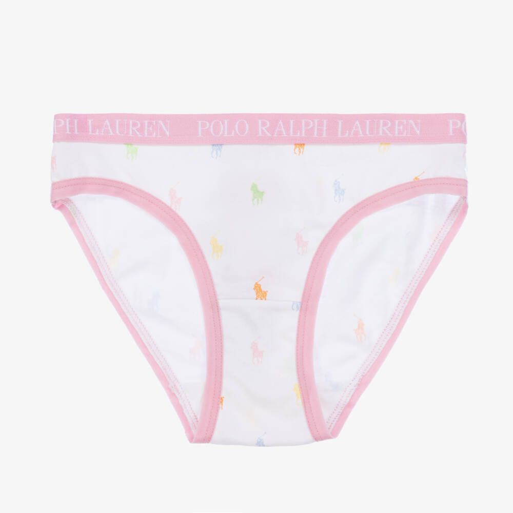 Ralph Lauren-Girls White & Pink Cotton Knickers (3 Pack) | Childrensalon