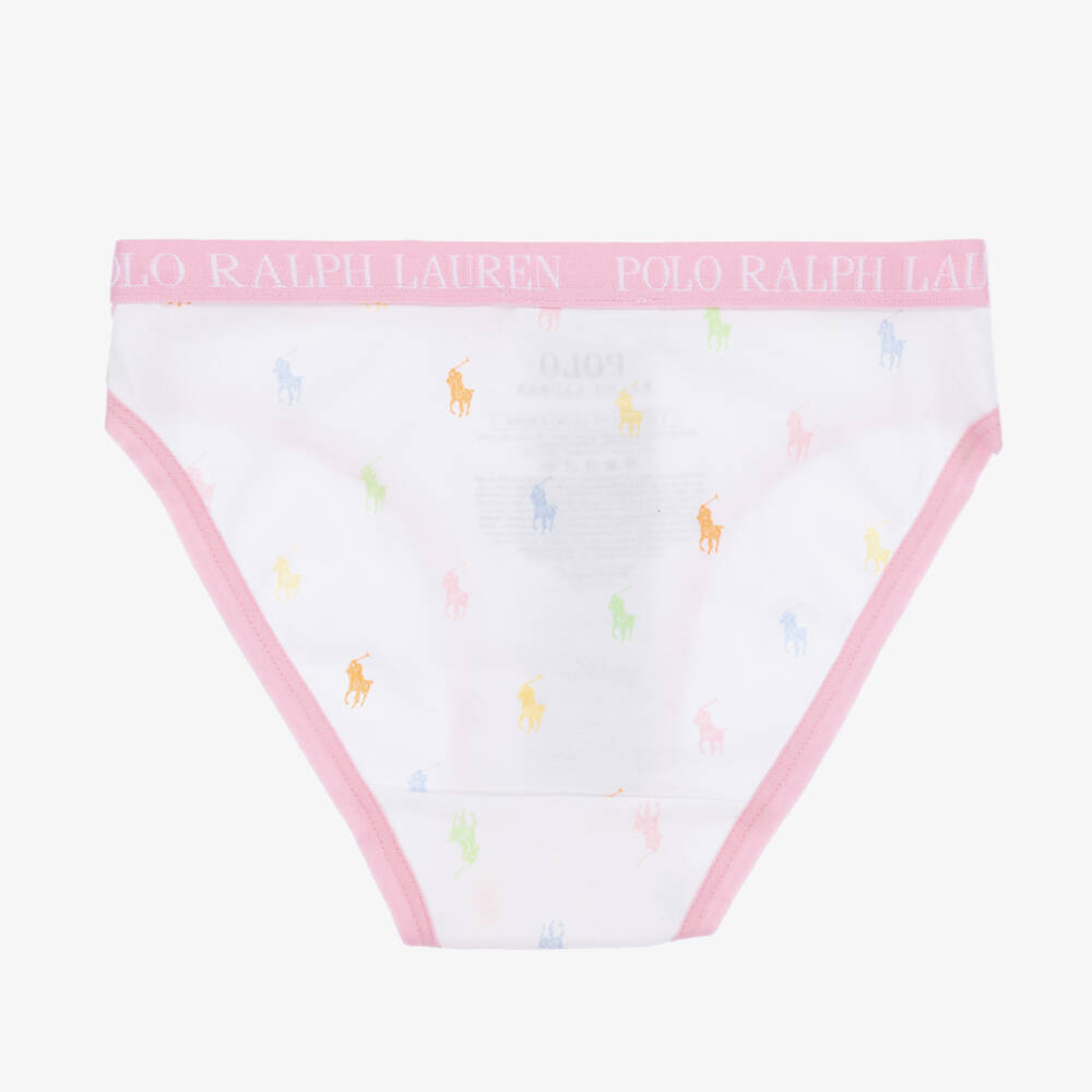 Ralph Lauren-Girls White & Pink Cotton Knickers (3 Pack) | Childrensalon