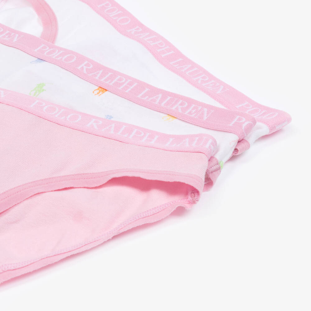 Ralph Lauren-Girls White & Pink Cotton Knickers (3 Pack) | Childrensalon