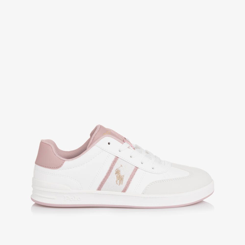 Ralph Lauren-Girls White & Pink Faux Leather & Suede Logo Trainers | Childrensalon