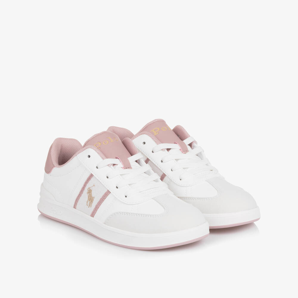 Ralph Lauren-Girls White & Pink Faux Leather & Suede Logo Trainers | Childrensalon