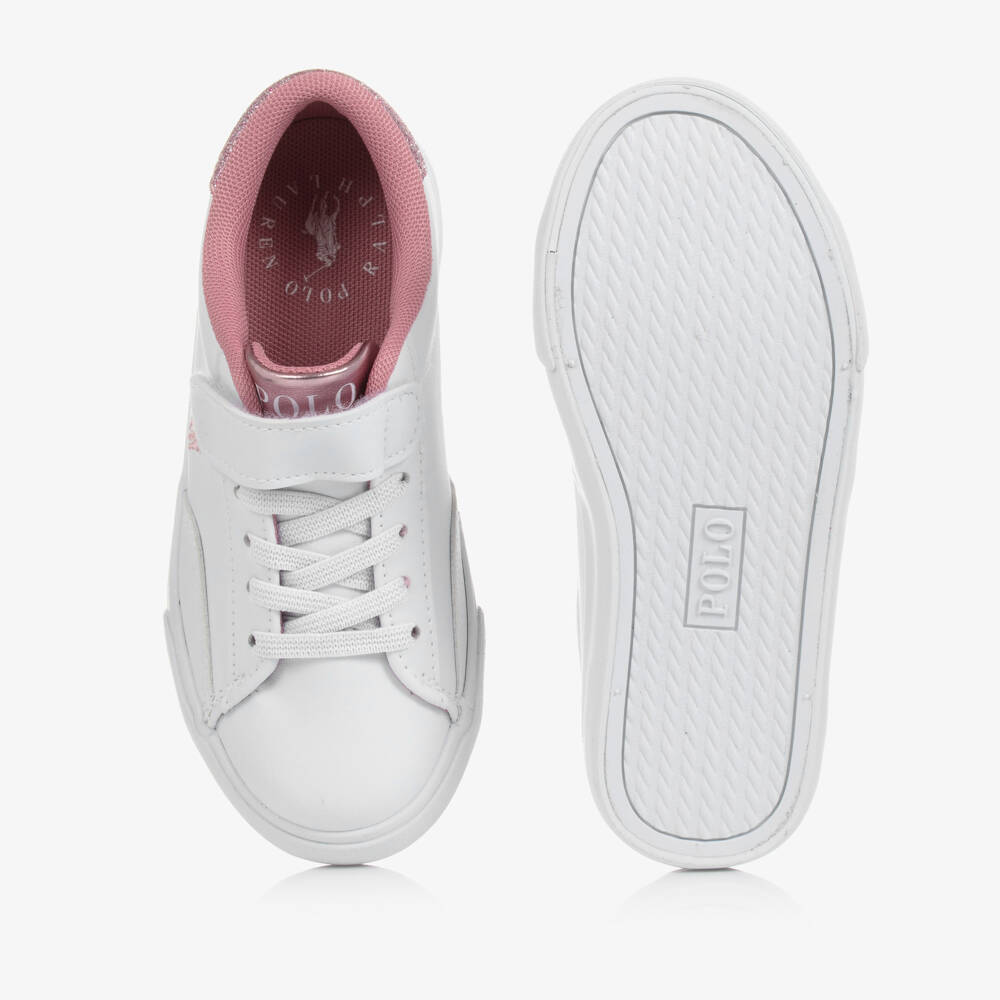 Ralph Lauren-Girls White & Pink Faux Leather Velcro Trainers | Childrensalon