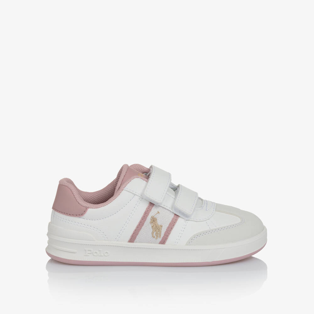 Ralph Lauren-Girls White & Pink Faux Leather Velcro Trainers | Childrensalon
