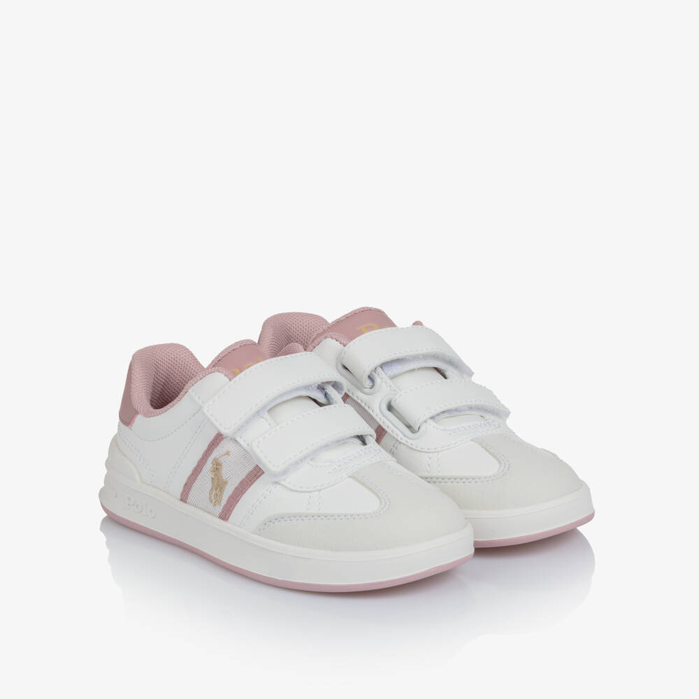 Ralph Lauren-Girls White & Pink Faux Leather Velcro Trainers | Childrensalon