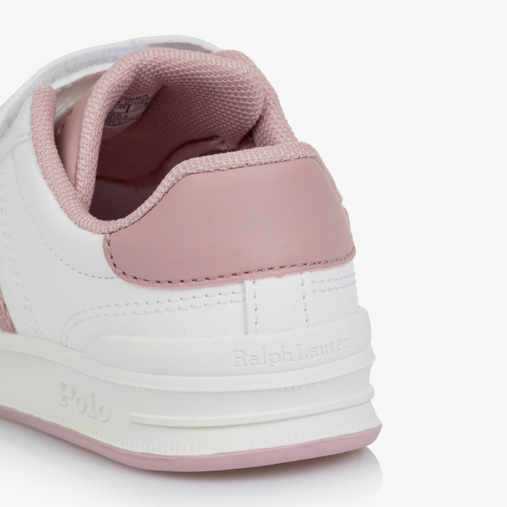 Ralph Lauren-Girls White & Pink Faux Leather Velcro Trainers | Childrensalon