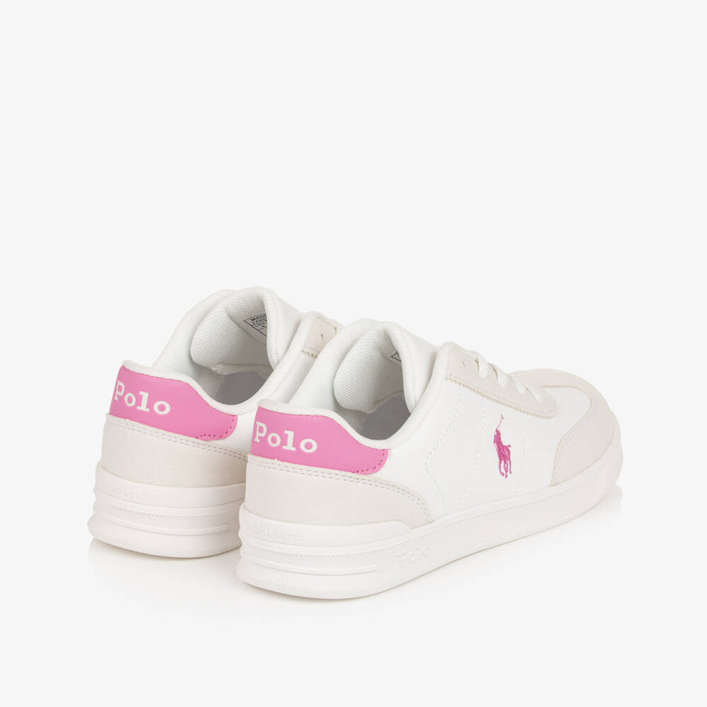 Ralph Lauren-Girls White & Pink Lace-Up Trainers with Pony Logos | Childrensalon