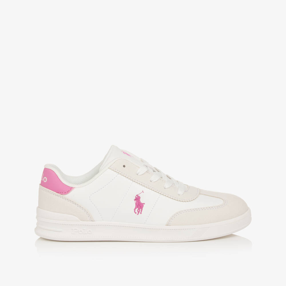 Ralph Lauren-Girls White & Pink Lace-Up Trainers with Pony Logos | Childrensalon