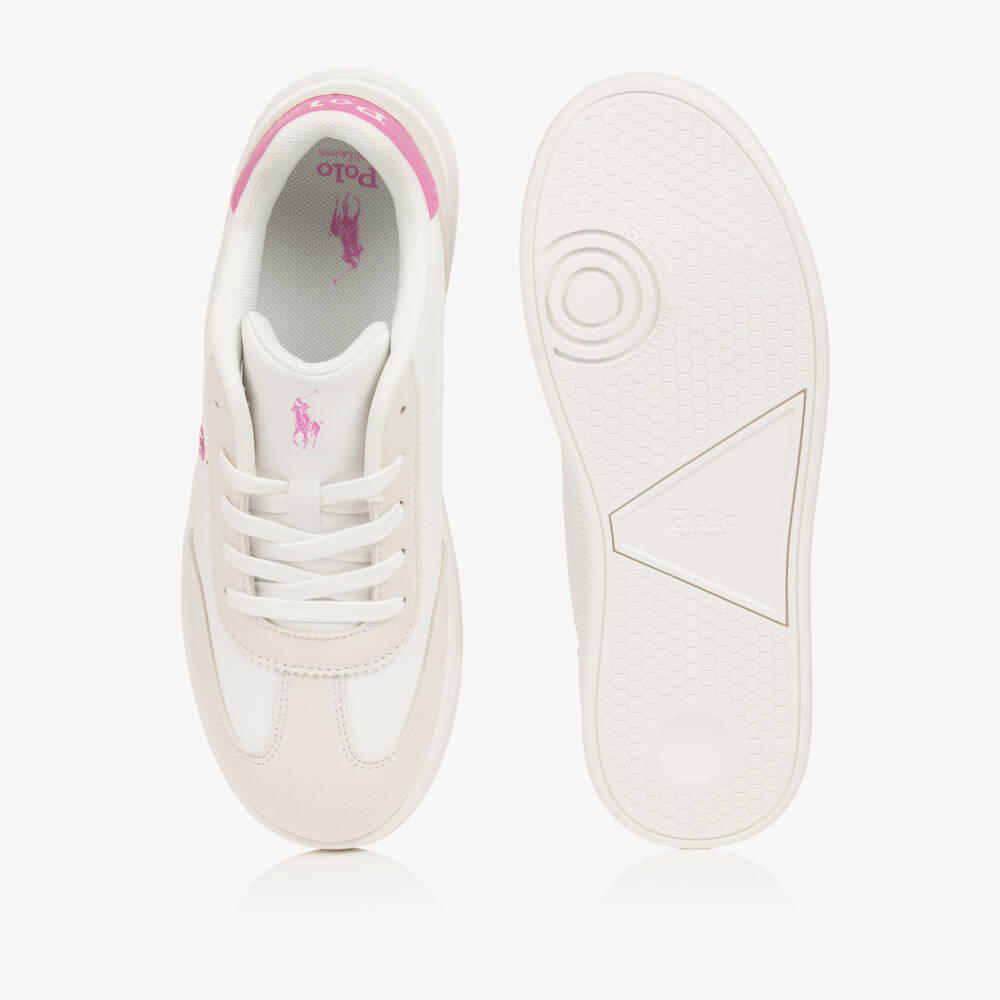 Ralph Lauren-Girls White & Pink Lace-Up Trainers with Pony Logos | Childrensalon