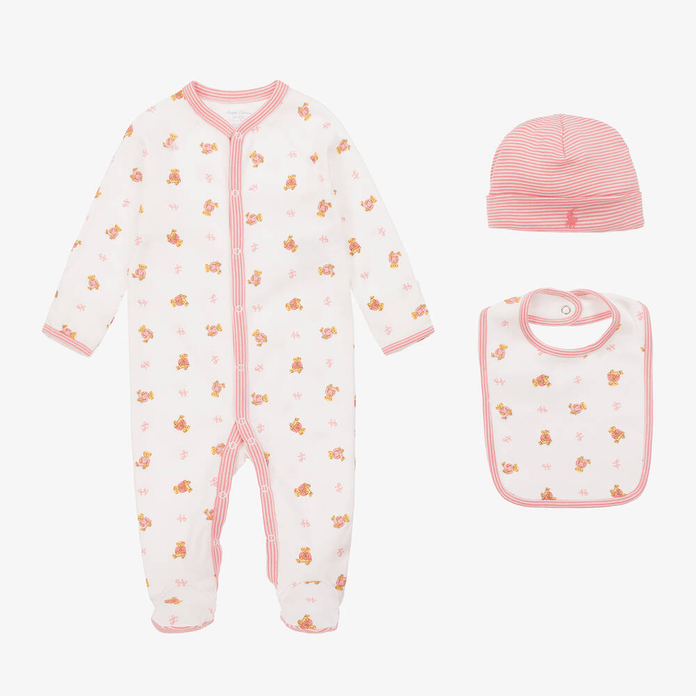 Ralph Lauren-Girls White & Pink Polo Bear Babysuit Set | Childrensalon