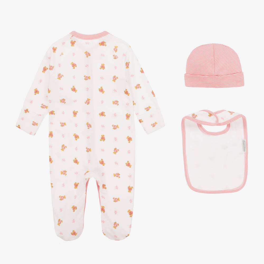 Ralph Lauren-Girls White & Pink Polo Bear Babysuit Set | Childrensalon