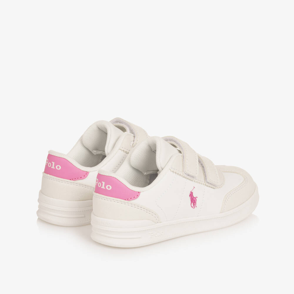 Ralph Lauren- Girls White & Pink Velcro Trainers with Pony Logos | Childrensalon