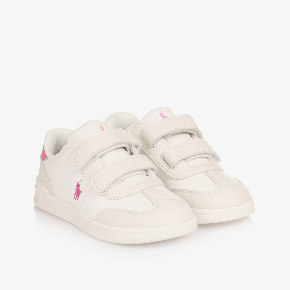 Ralph Lauren- Girls White & Pink Velcro Trainers with Pony Logos | Childrensalon