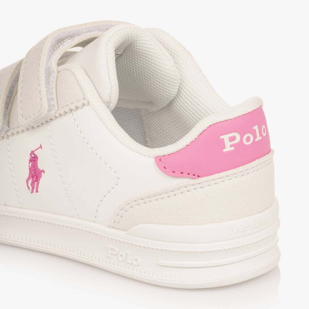 Ralph Lauren- Girls White & Pink Velcro Trainers with Pony Logos | Childrensalon