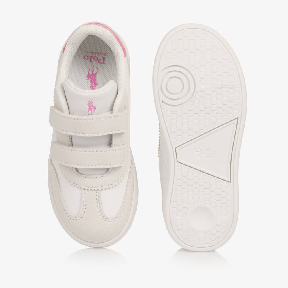 Ralph Lauren- Girls White & Pink Velcro Trainers with Pony Logos | Childrensalon