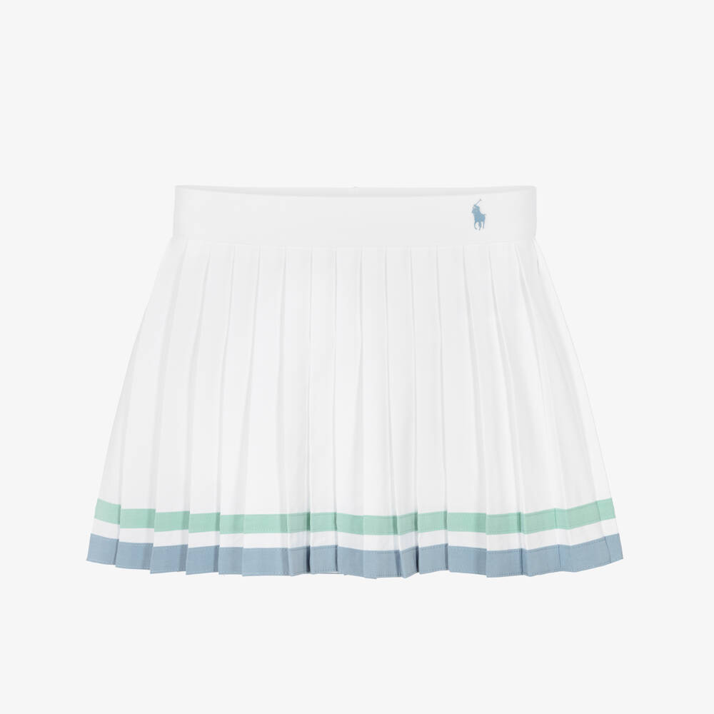 Ralph Lauren-Girls White Pleated Jersey Skort with Striped Trim | Childrensalon